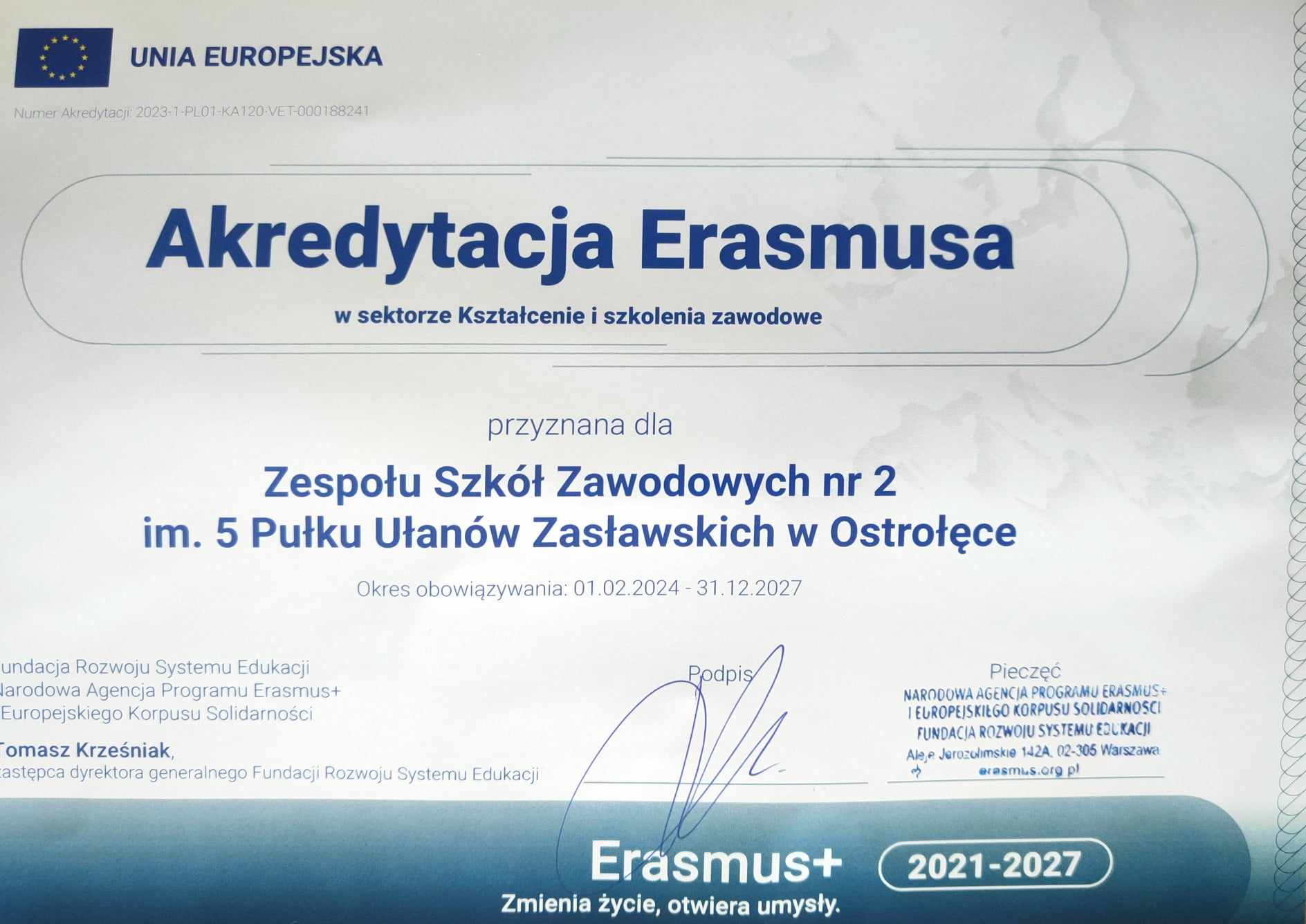 aktualność: Akredytacja Erasmusa dla Zespół Szkół Zawodowych Nr 2 w Ostrołęce