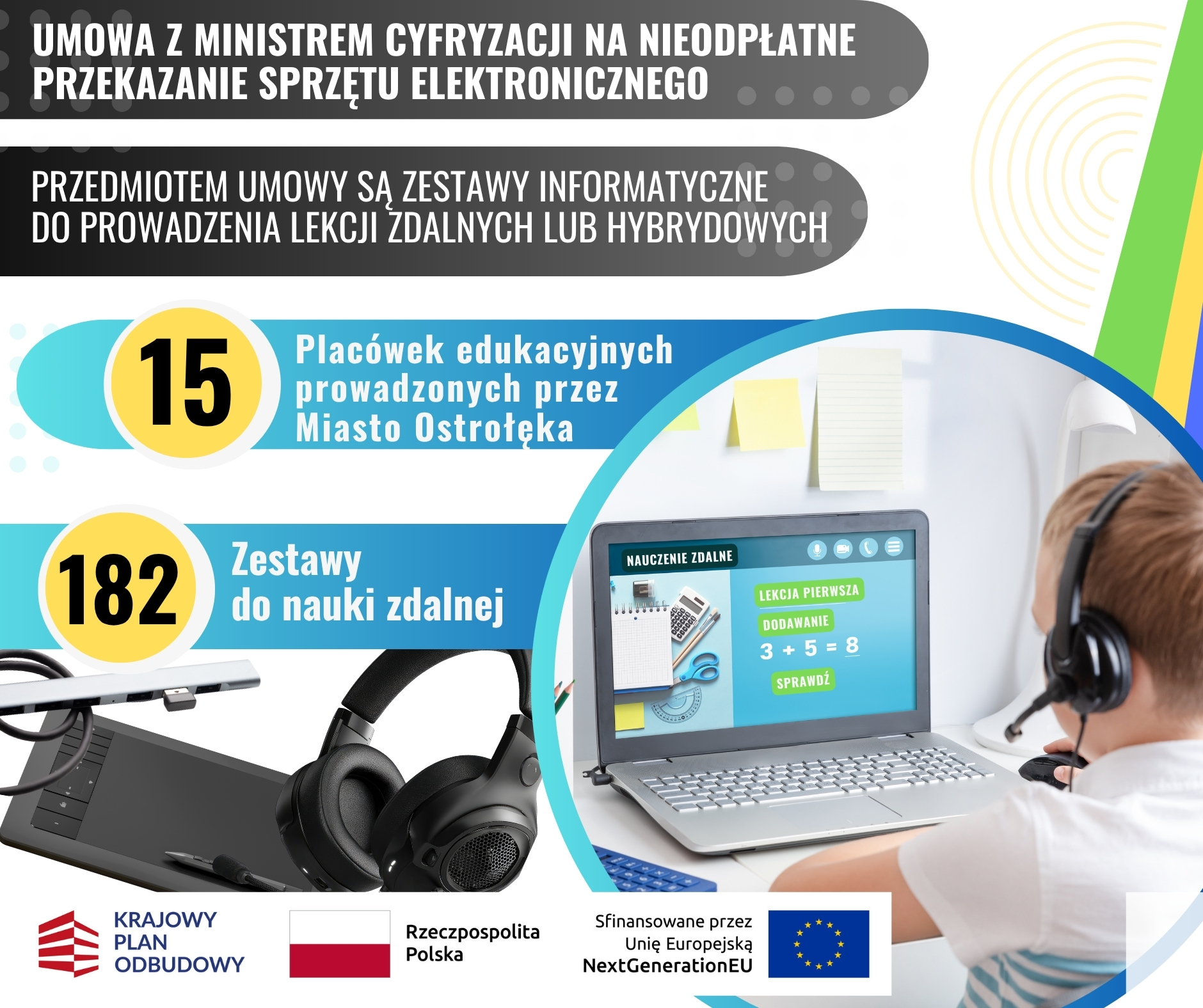 aktualność: Zestawy narzędzi informatycznych na potrzeby prowadzenia lekcji zdalnych lub hybrydowych dostarczone szkołom zawodowym i instytucjom kształcenia ogólnego.