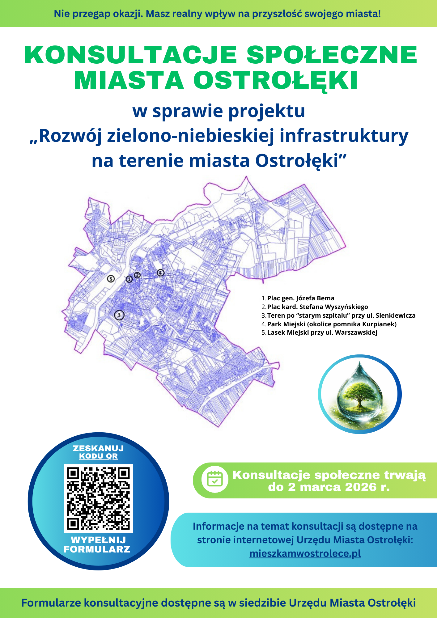 aktualność: Konsultacje społeczne dotyczące projektu pn.: „Rozwój zielono-niebieskiej infrastruktury na terenie miasta Ostrołęki”